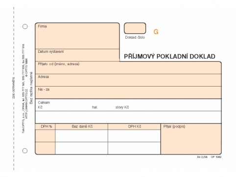 Příjmový pokladní doklad Optys A6 NCR (3x25 listů) čísl., č.1082