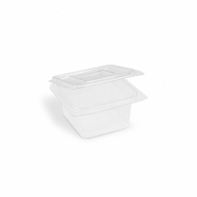 Miska rPET s víčkem hranatá průhledná 375 ml, 50 ks