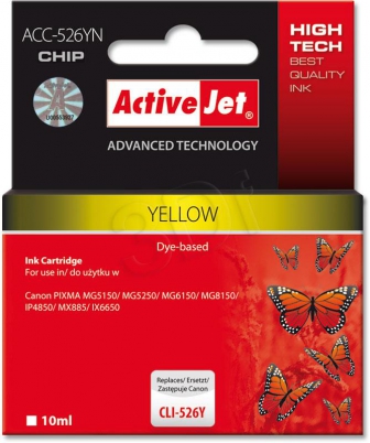 ActiveJet ink cartr. Canon CLI-526Y - 10 ml - 100% NEW (WITH CHIP)     ACC-526Y